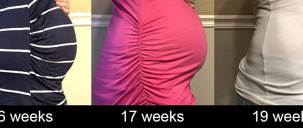 Baby bump at 6 weeks, 17 weeks, and 19 weeks.