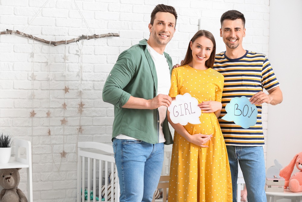 Gay Couple And Pregnant Woman With Written Words Girl And Boy