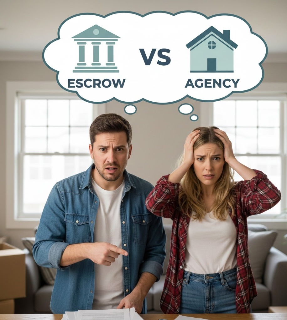 looking concerned with two thought clouds over their heads. One reads Escrow and the other Agency.